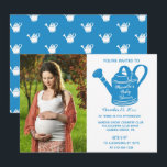 Baby Boy Shower Photo Watering Can Invitation<br><div class="desc">Show off the mom-to-be's pregnancy photo show photograph with this baby shower invitation. It's ready to be customized with your photo and all of your party details. Features an illustration of a gardening watering can in bright blue. The reverse side has a coordinating pattern of white watering cans against a...</div>
