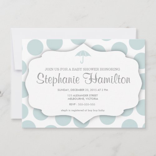 Baby boy shower polka dots umbrella frame blue invitations