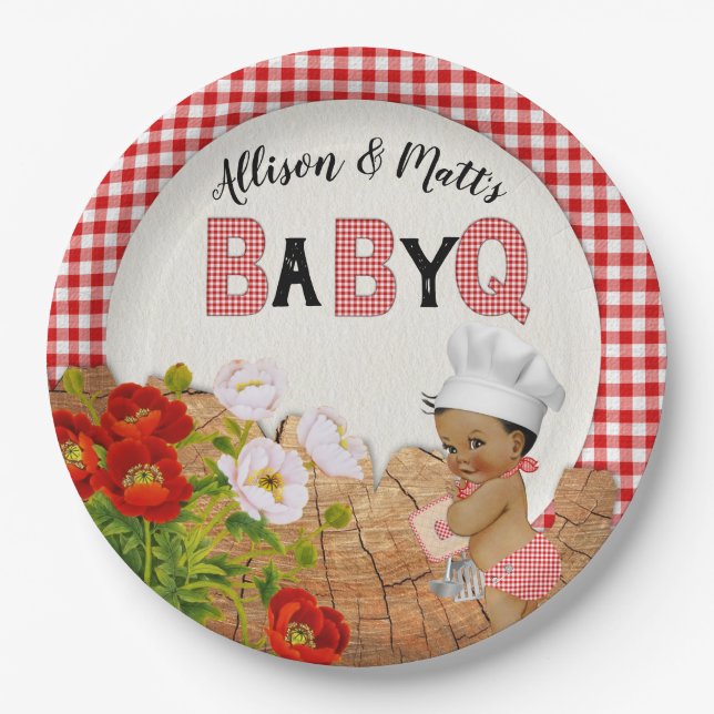 Baby Boy Shower Red Gingham Baby Q Barbeque Paper Plates (Front)