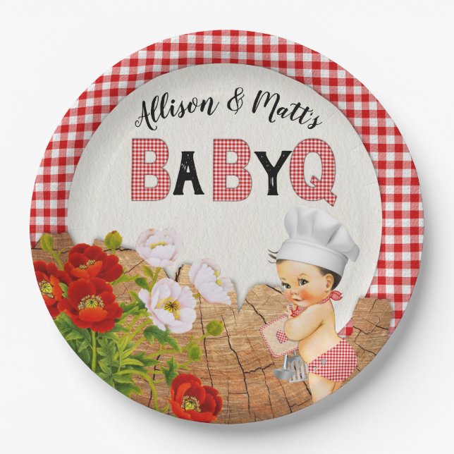 Baby Boy Shower Red Gingham Baby Q Barbeque Paper Plates (Front)