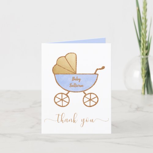 Baby Boy Shower Retro Carriage Blue Gold Thank You Card