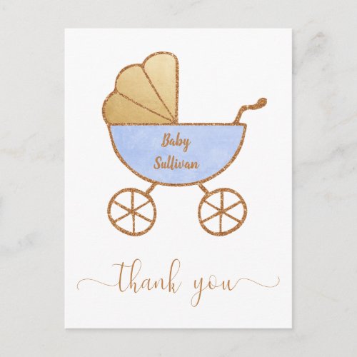 Baby Boy Shower Retro Carriage Blue Gold Thank You Postcard