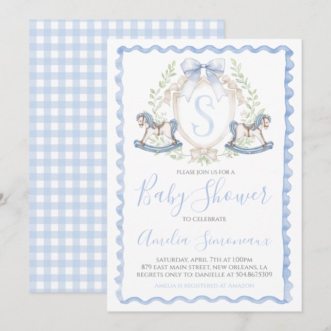 Baby Boy Shower Rocking Horse Preppy Gingham Blue Invitation (Front/Back)