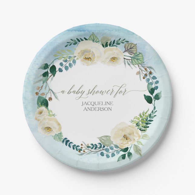 Baby Boy Shower Rustic Wreath Blue w Ivory Roses Paper Plates (Front)
