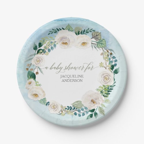 Baby Boy Shower Rustic Wreath Blue w White Roses Paper Plates