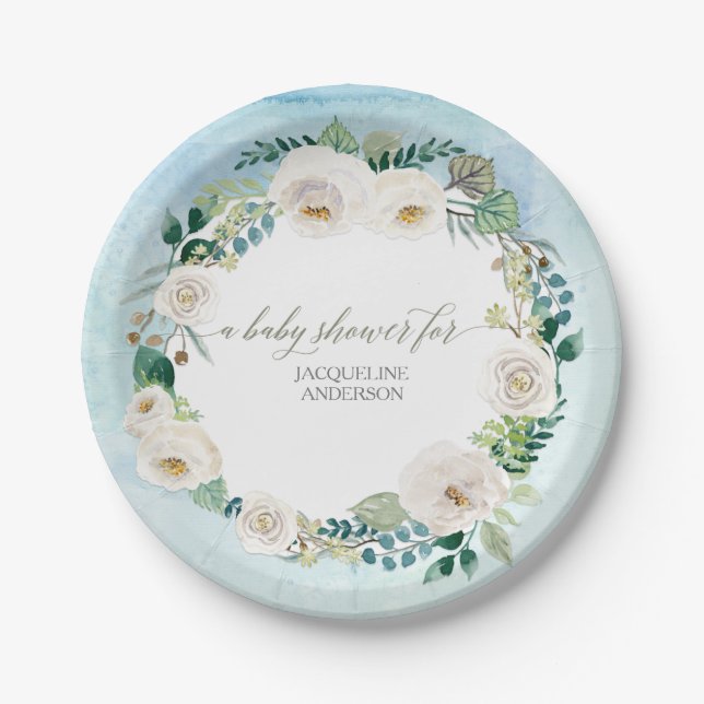 Baby Boy Shower Rustic Wreath Blue w White Roses Paper Plates (Front)