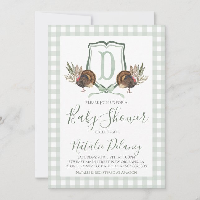 Baby Boy Shower Turkey Southern Green Gingham Invitation (Front)