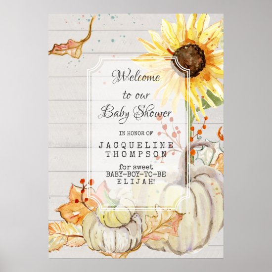 Baby Boy Shower Welcome Fall Pumpkin Sunflower Art Poster