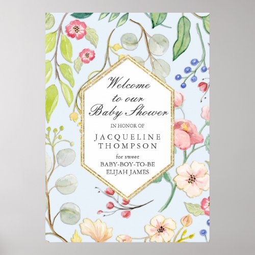 Baby Boy Shower Welcome Floral Dusty Blue Hexagon Poster