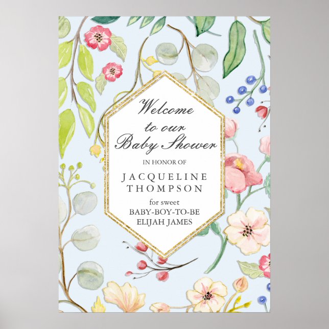 Baby Boy Shower Welcome Floral Dusty Blue Hexagon Poster (Front)