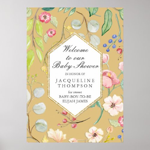 Baby Boy Shower Welcome Floral Fall Gold Hexagon Poster