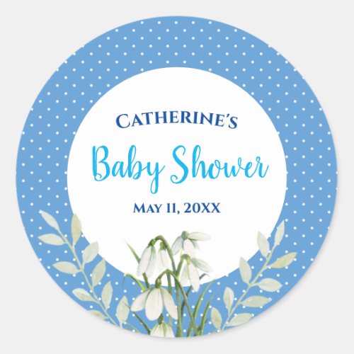 Baby Boy Shower White Snow Drops Blue Polka Dots Classic Round Sticker