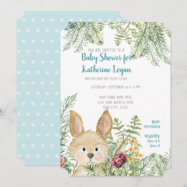 Baby Boy Shower Woodland Animal Rabbit Forest Fern Invitation (Front/Back)