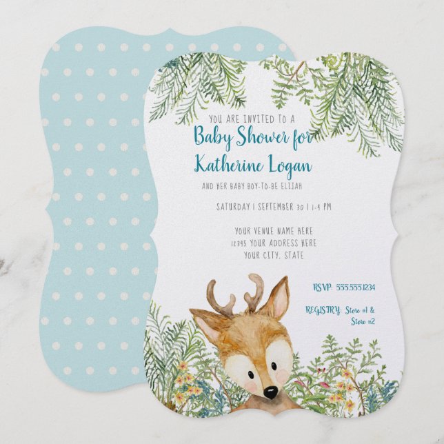 Baby Boy Shower Woodland Animals Deer Forest Ferns Invitation (Front/Back)