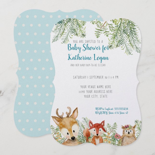 Baby Boy Shower Woodland Animals Deer, Fox n Owl Invitation (Front/Back)