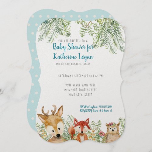 Baby Boy Shower Woodland Animals Deer Fox n Owl Invitation