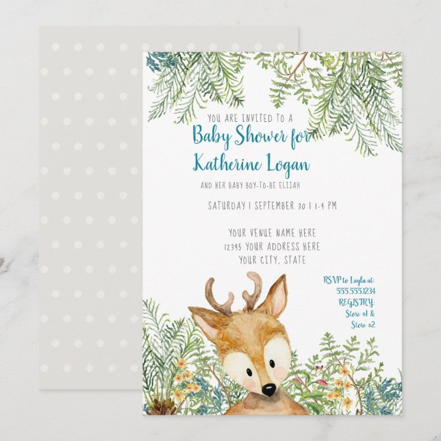 Baby Boy Shower Woodland Forest Deer Forest Gray Invitation (Front/Back)