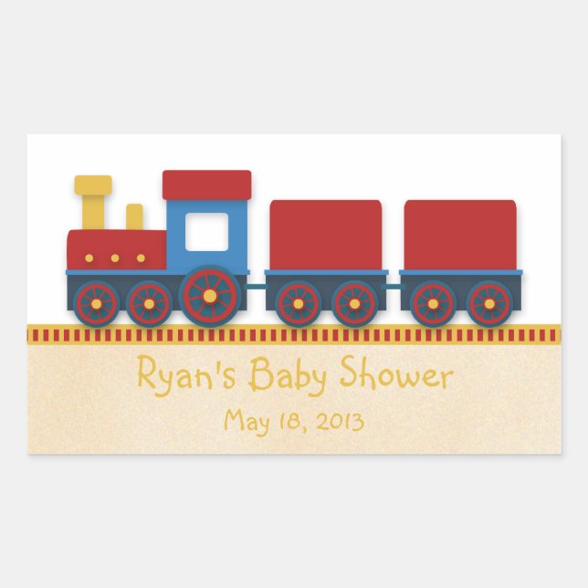 Baby Boy Shower: Yellow, Red & Blue Train Rectangular Sticker (Front)
