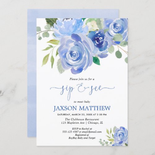 Baby boy Sip and see blue floral watercolors Invitation