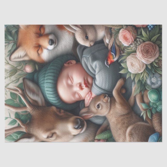 Baby Boy Sleeping with Forest Animals Tissue Paper (Front)