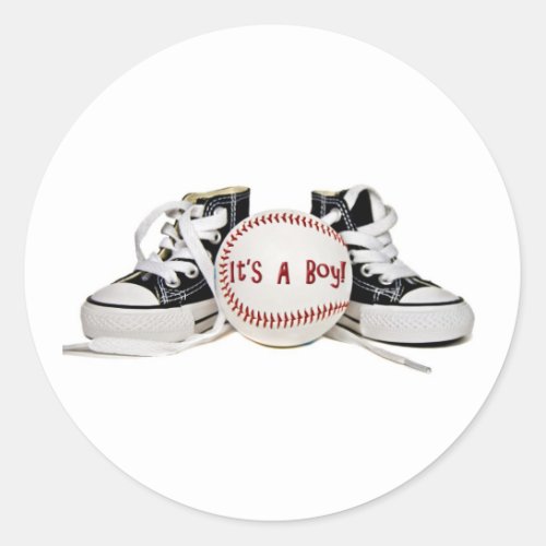 Baby Boy Sneaker and Baseball Announcement  Classic Round Sticker