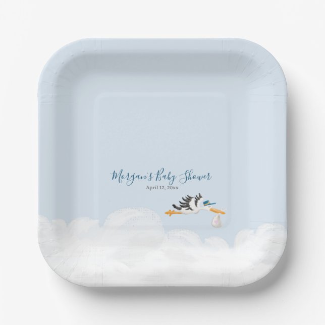 Baby Boy "Special Delivery" Stork Baby Shower Paper Plates (Front)