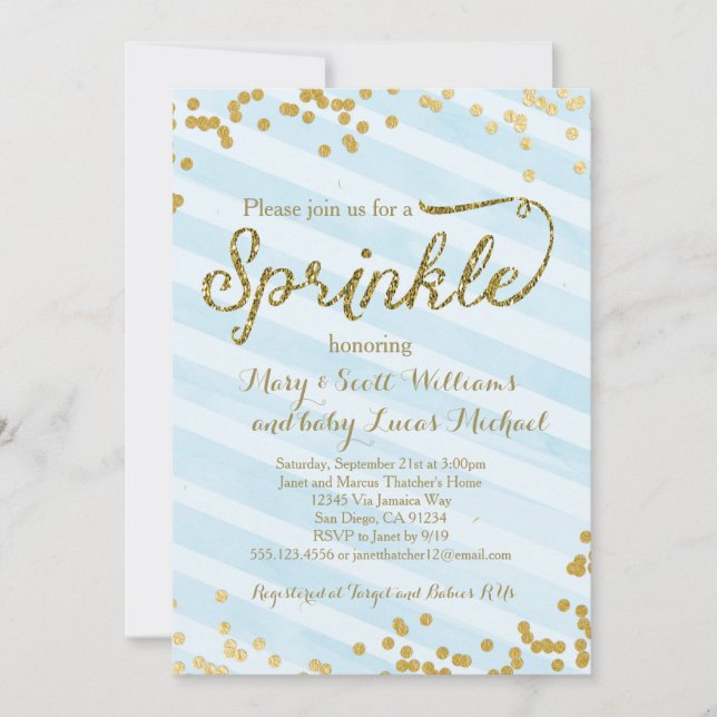 Baby Boy Sprinkle Shower Invitation blue gold (Front)