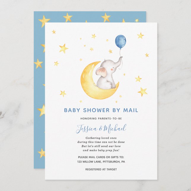 Baby Boy Star Elephant Baby Shower by Mail Invitation (Front/Back)