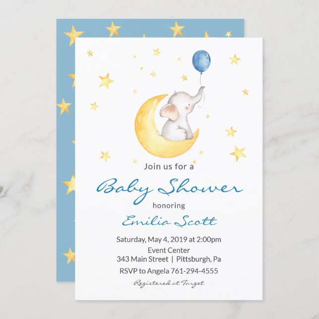 Baby Boy Star Elephant Baby Shower Invitations (Front/Back)