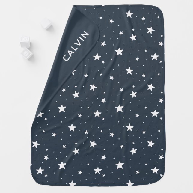 Baby Boy Star Pattern Dark Blue Starry Sky Name Blanket (In Situ)