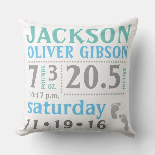 Baby boy Stats Announcement Pillow blue green gray