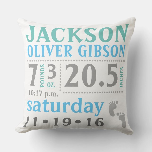 Baby boy Stats Announcement Pillow blue green gray (Front)