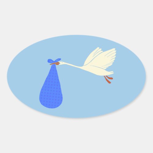 Baby Boy Stork And  Bundle on Blue Oval Oval Stick Oval Sticker