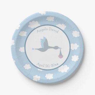 Baby Boy Stork Blue Sky and Clouds Paper Plates
