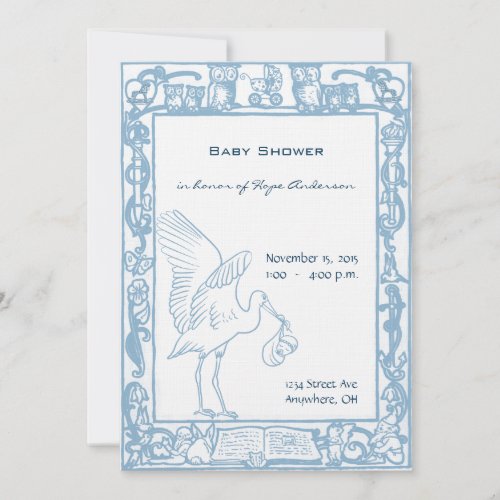 Baby Boy Stork  Owl Border Shower Announcement