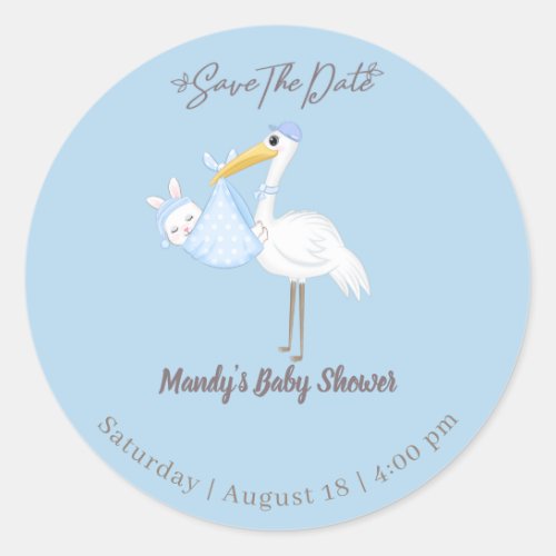 Baby Boy Stork Rabbit Save the Date Classic Round Sticker