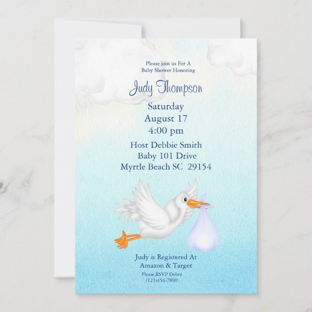 Baby Boy Stork Shower Invitations (Front)