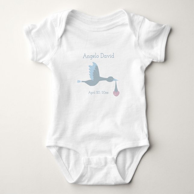 Baby Boy Stork with Blue Sky and Clouds Baby Bodysuit (Front)