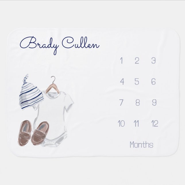 Baby Boy Stripe Hat Bodysuit Shoes Month Milestone Blanket (Horizontal)