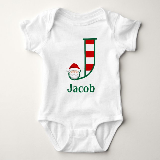 Baby Boy Striped Santa Christmas Bodysuit letter J (Front)