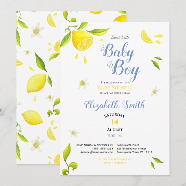 Baby boy summer spring lemon theme babyshower invitation (Front/Back)