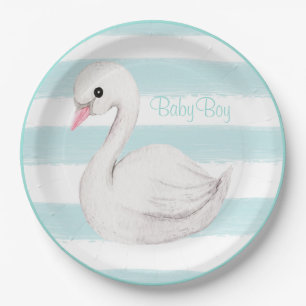 Baby Boy Swan Blue Script Baby Shower Paper Plates