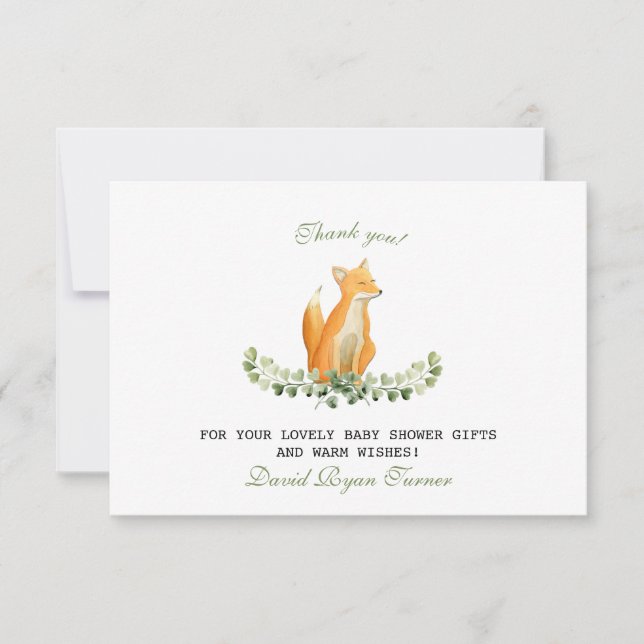 Baby Boy Sweet Fox Woodland Baby Shower Thank You Card (Front)