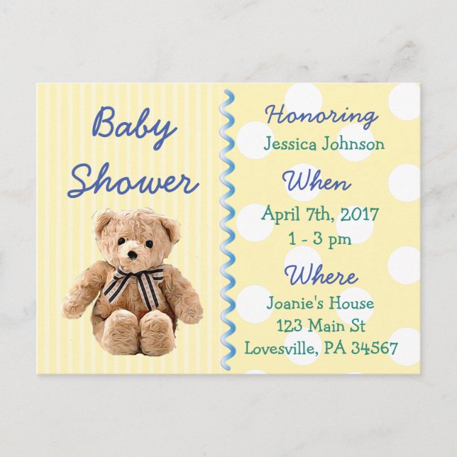 Baby Boy Teddy Bear Baby Shower Invitation Postcard (Front)