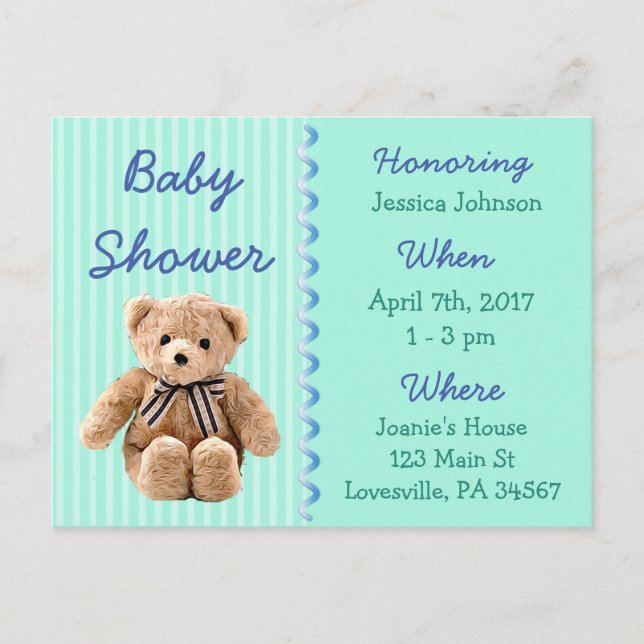 Baby Boy Teddy Bear Baby Shower Invitation Postcard (Front)