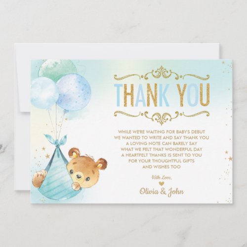 Baby Boy Teddy Bear Balloons Baby Shower Sprinkle Thank You Card