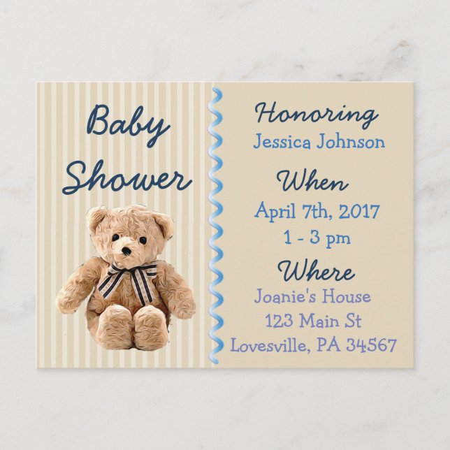 Baby Boy Teddy Bear Blue Baby Shower Invitation (Front)