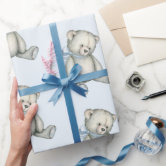 Blue Baby Boy Teddy Bear Watercolor Baby Shower Wrapping Paper, Zazzle