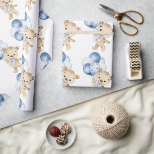 Baby Boy Teddy Bear Blue Watercolor Wrapping Paper