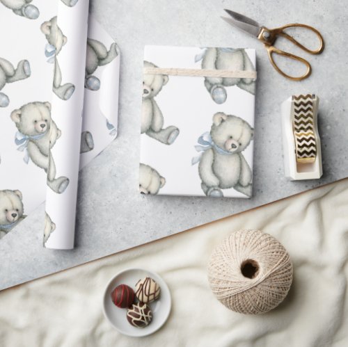 Baby Boy Teddy Bear Blue Watercolor Wrapping Paper